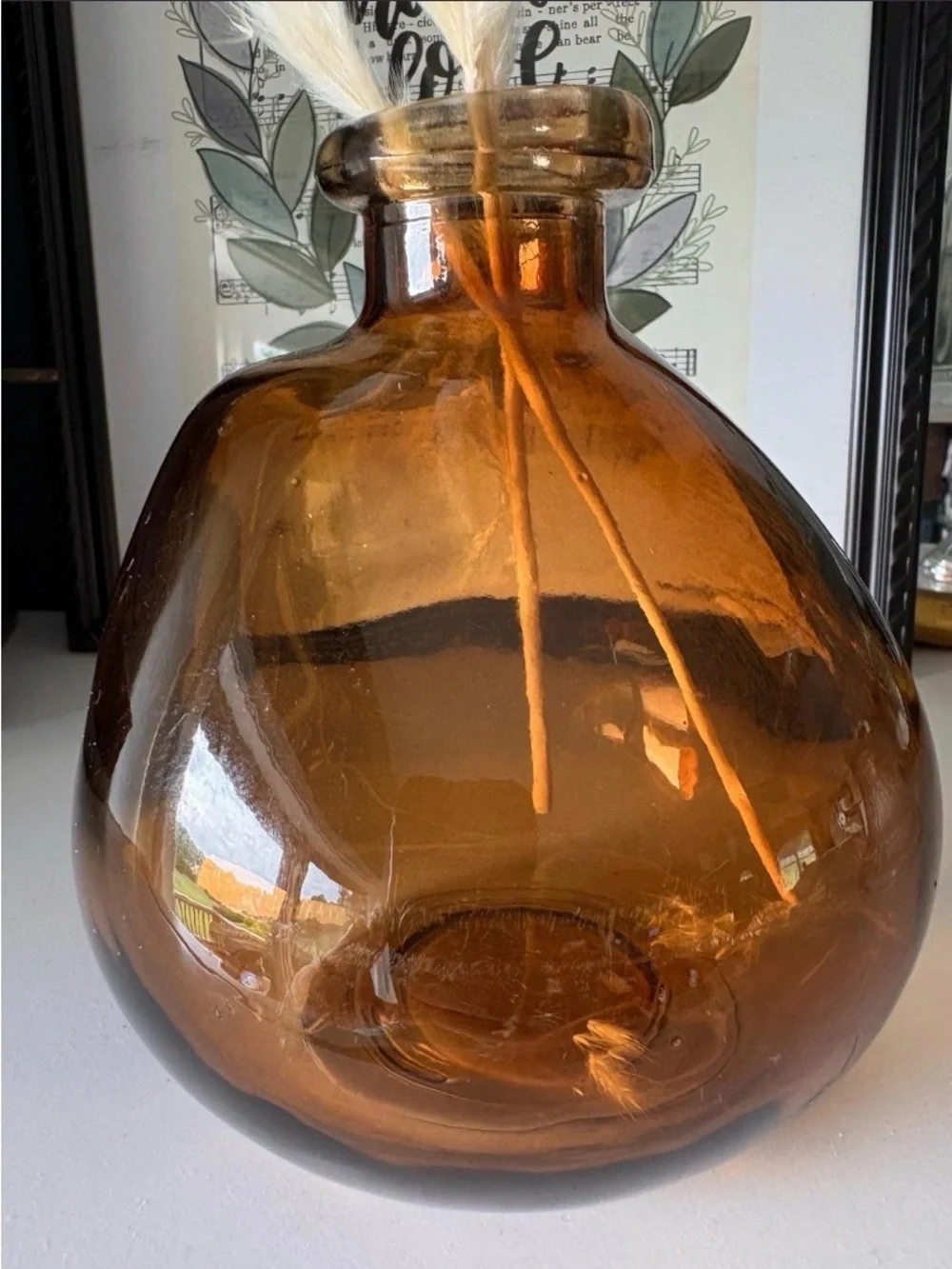 Vintage Amber Hand Blown Glass Vase w Faux Pampas Stems 6”